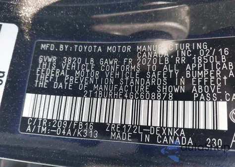 2016 Toyota Corolla Le Plus z USA, uszkodzony, nr VIN 2T1BURHE4GC608878